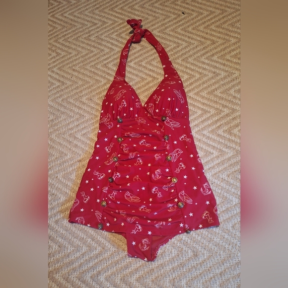 Hot Topic Skull RETRO RED 1PC SWIM SUIT SWIMSUIT SM Anchor Swallows Cherries - Picture 3 of 9